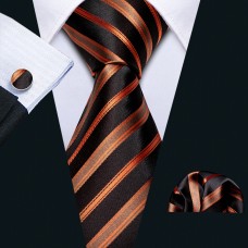 3delige set stropdas manchetknopen pochet zwart oranje Streep